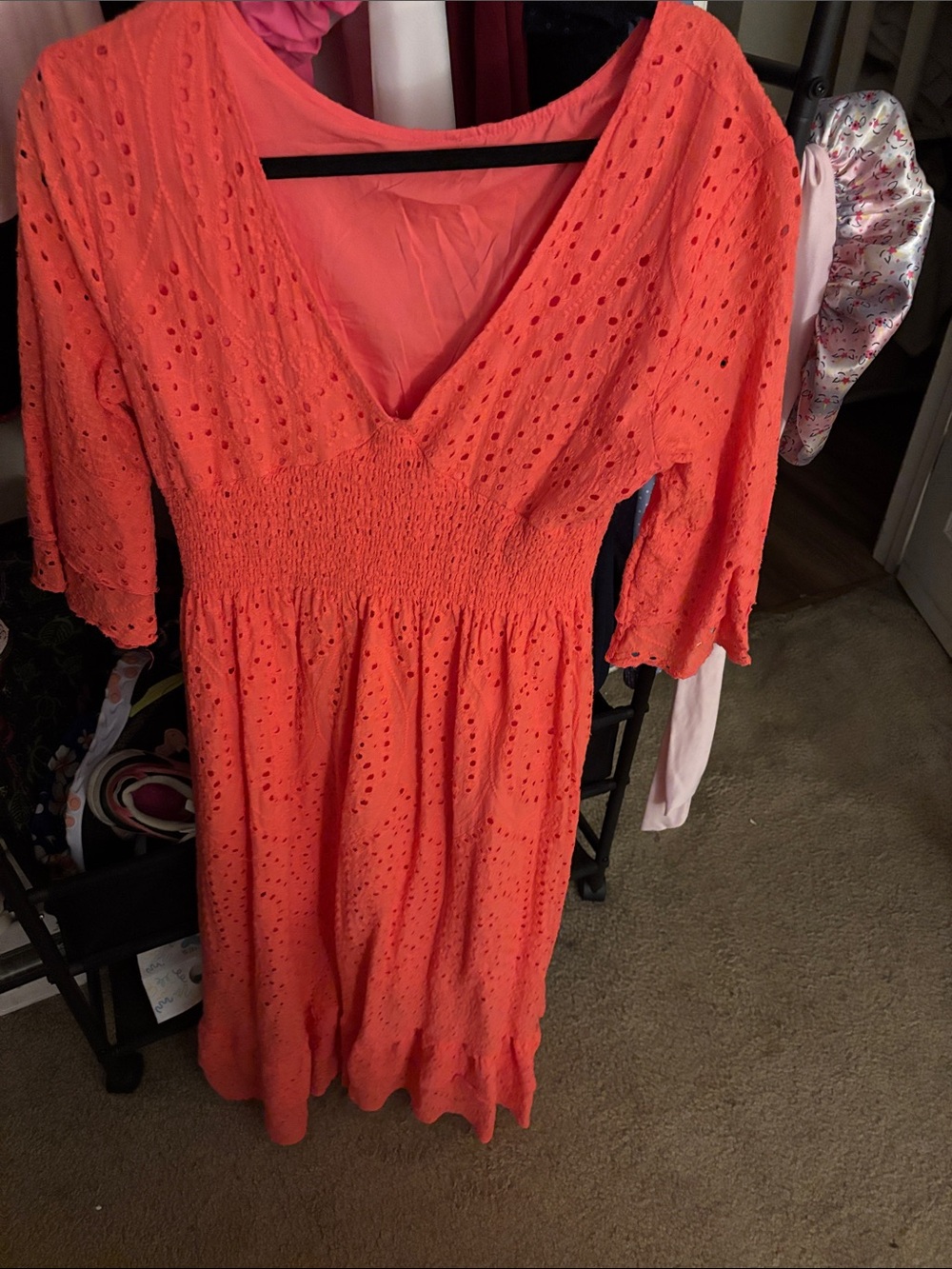 Women's Coral Eyelet V-Neck Smocked Waist Dress